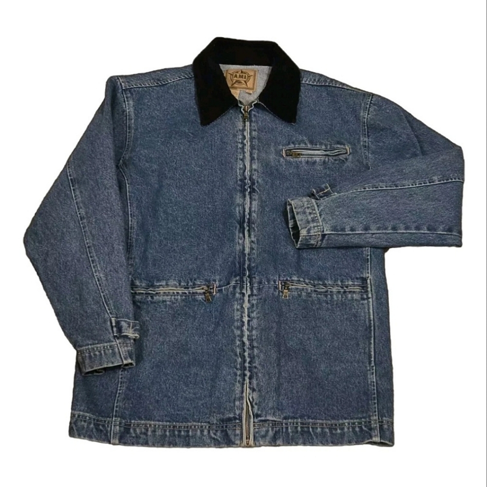VTG A.M.I. Zip Up Denim Jean Jacket Velvet Collar